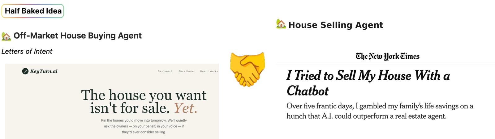 A house-buying agent pitch beside a New York Times story about selling a house with a chatbot, joined by a handshake